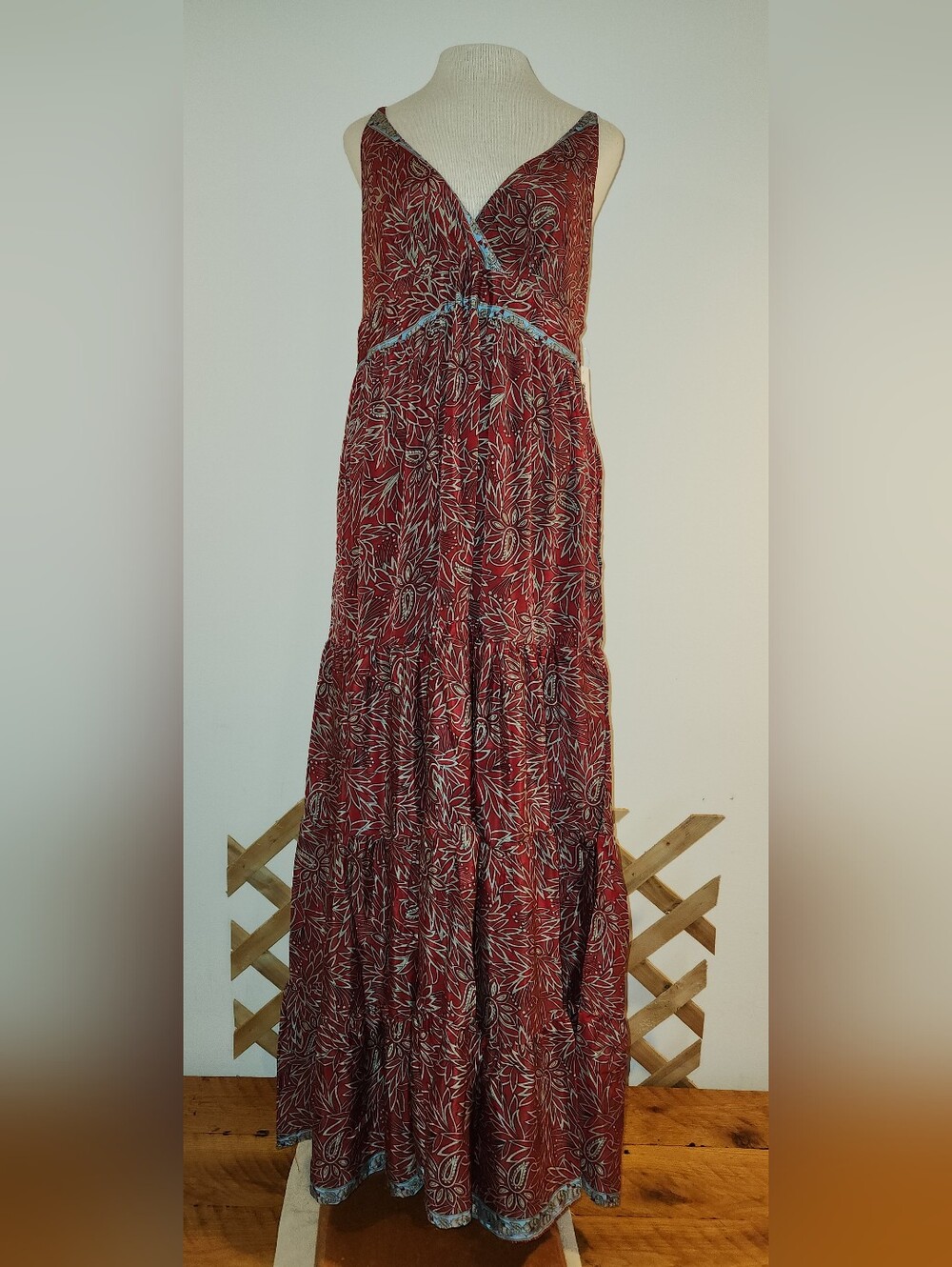 White Waves Boho Red Floral Tiered Maxi Skirt